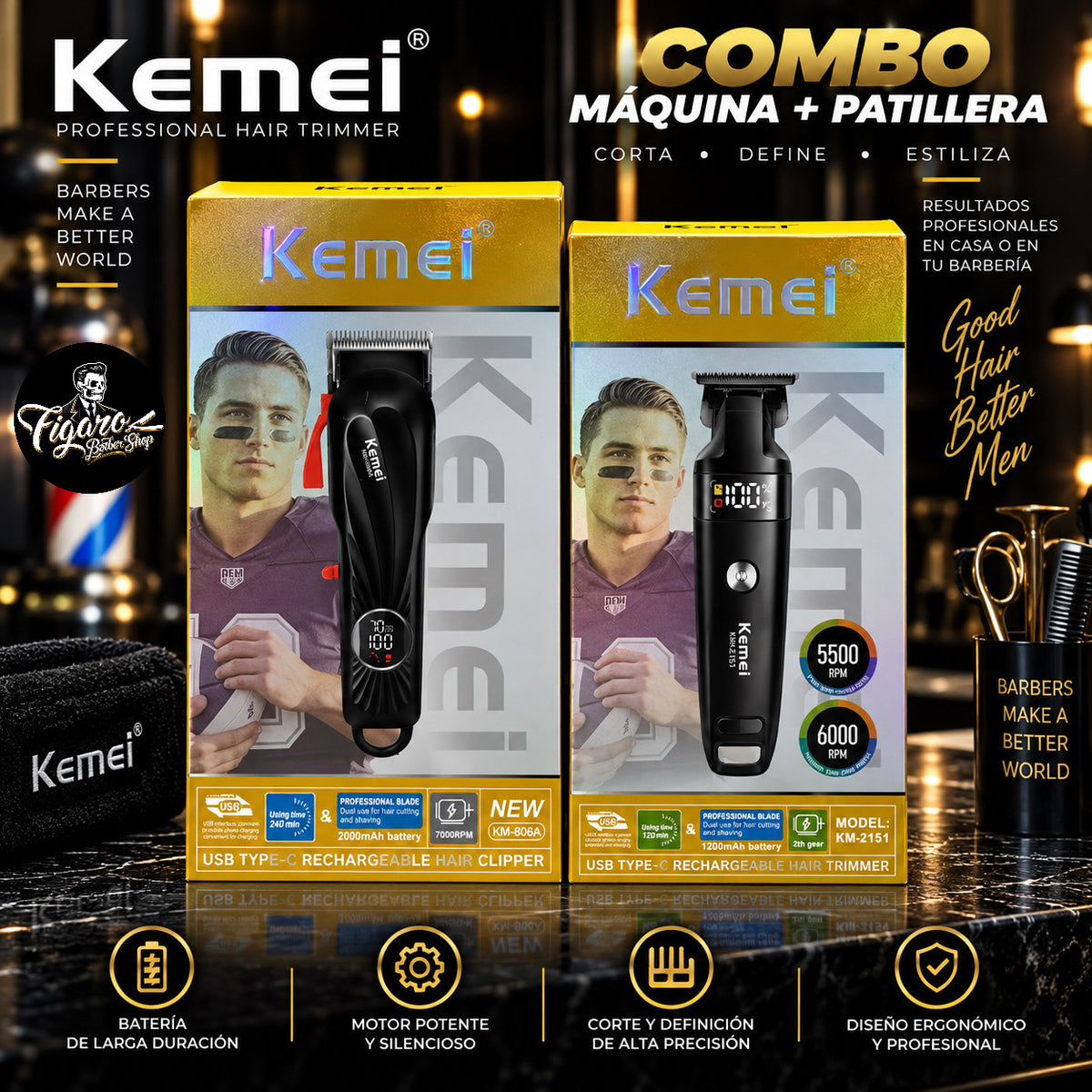 Combo Kemei Máquina + Patillera