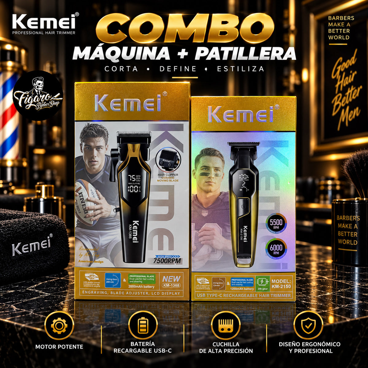 Combo Kemei Máquina + Patillera