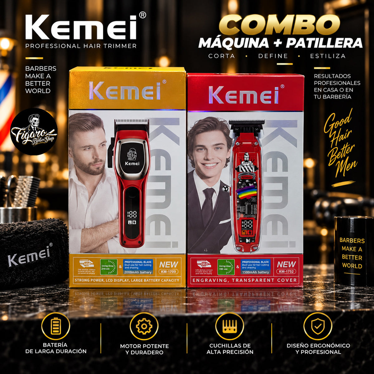 Combo Kemei Máquina + Patillera